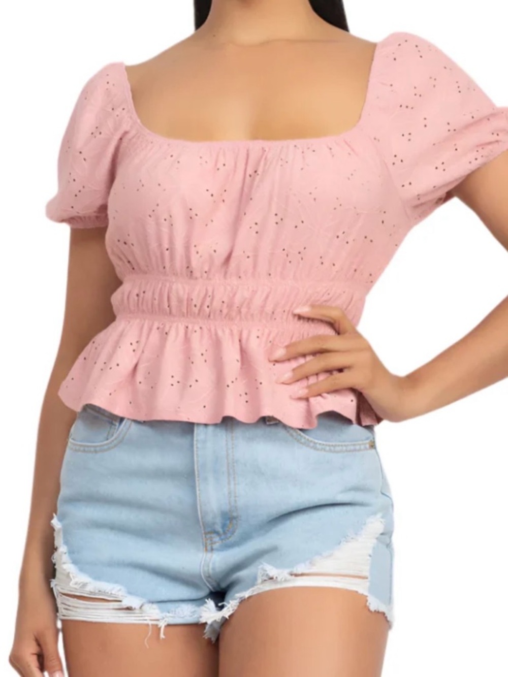 Iris Pink Eyelet Smocked Puff Sleeve Peplum Blouse